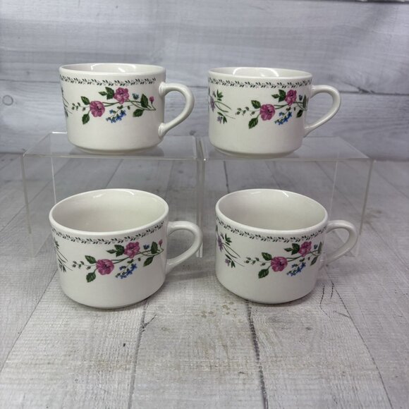 Farberware ENGLISH GARDEN Pink Blue Floral Rim Stoneware 8 oz Flat Cups Set of 4 - Picture 3 of 16